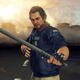 A man wearing a jean jacket holds a baseball bat as the sun sets behind him in Yakua Like a Dragon